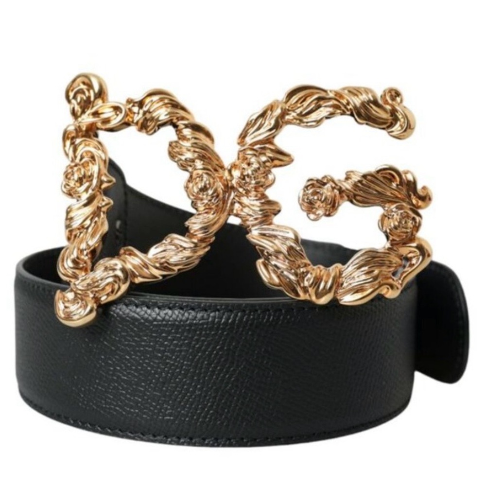 Dolce & Gabbana Black Leather Baroque Gold DG Logo Waist Buckle Women's Belt